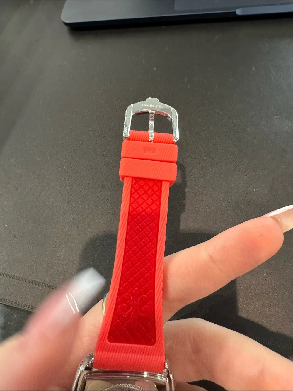 New Judith Ripka Coral Red Mother of Pearl Stainless Steel Square Women's Watch